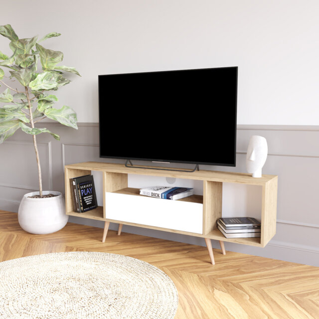 Rima TV Stand Cabinet-150 cm, Wooden, For 60-65 Inch TVs, Modern TV Cabinet with Drawer & Open Shelves, Minimalist TV Stand for Living Room, Stylish T
