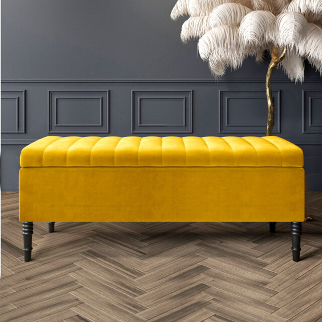 Paris Striped Ottoman Storage Bench - Upholstered Plush Velvet Shoes Bench with Black Turned Wooden Legs