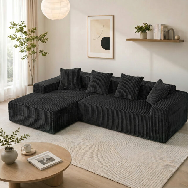 Modern Oversized 262cm Boneless Corner Sofa L-Shaped Corduroy Sofa With Storage Pockets
