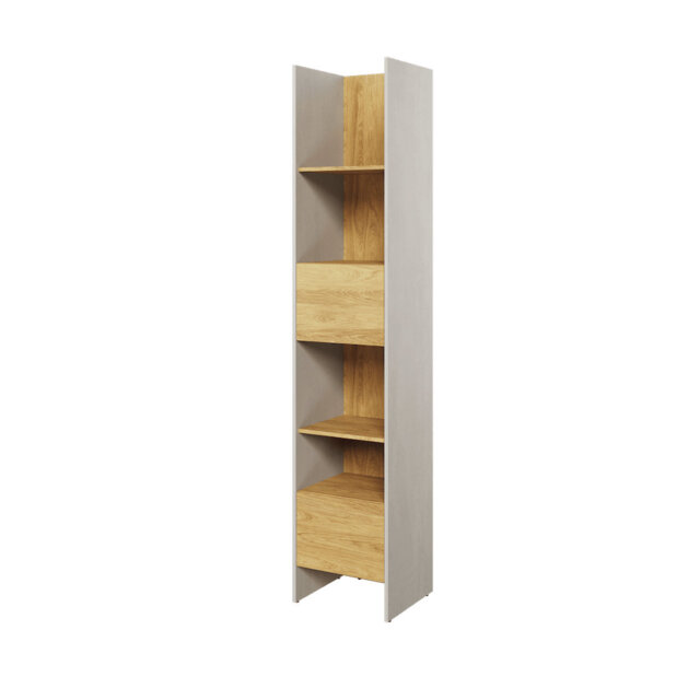 Arryn Bookcase W44cm - Stylish Silk Flou & Oak Hickory Storage for Small Spaces