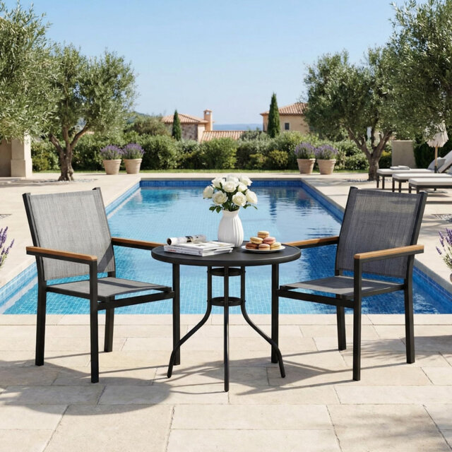 Aluminum Textilene Stackable Chair With Wood Plastic Armrests, 565585cm, 4 Pack, Linen Brown, Model Cl03002-1