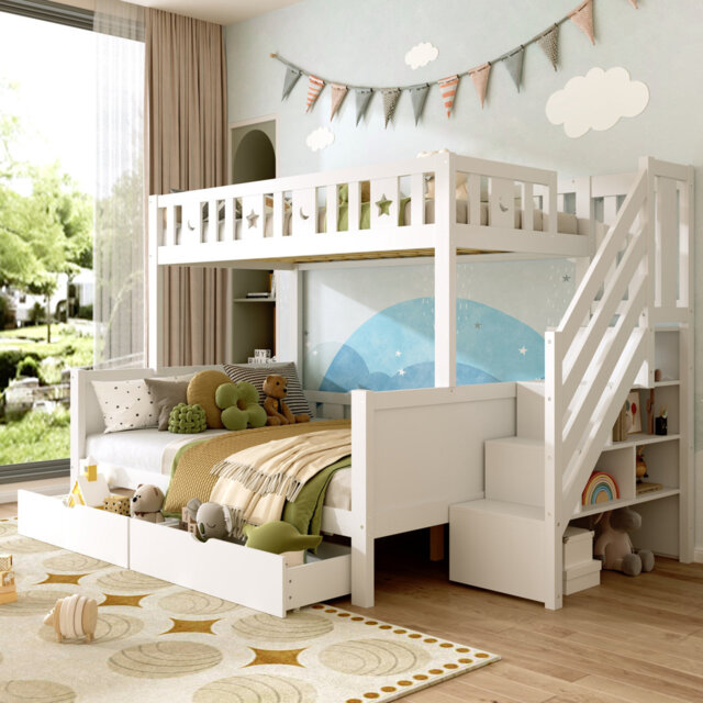 White Solid Wood Bunk Bed With Two Drawers, Side Hidden Storage, Staircase, Safety Guardrails, Star & Moon Motifs