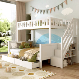White Solid Wood Bunk Bed With Two Drawers, Side Hidden Storage, Staircase, Safety Guardrails, Star & Moon Motifs