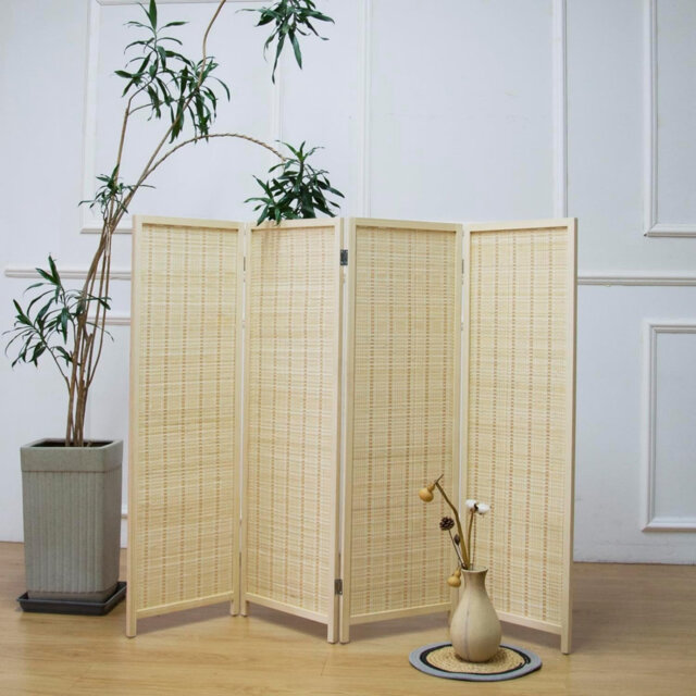 4 Panel Short Bamboo Room Divider, Double Sided Folding Screen, Beige, 120 X 156cm