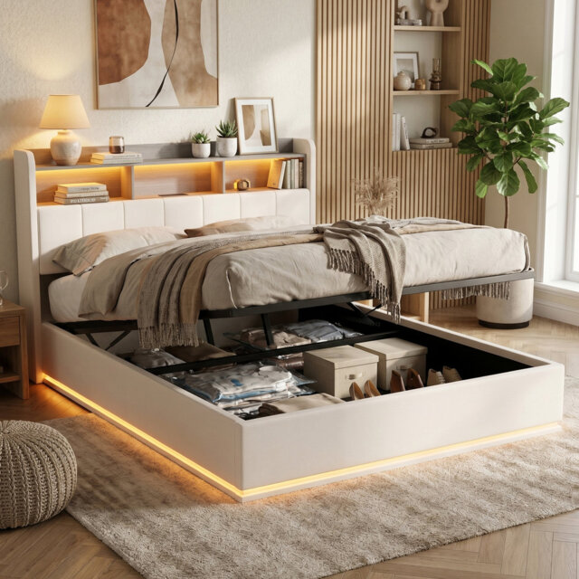 EU Multi-Size White Velvet Ottoman Bed with LED & Charging Headboard, 2-Tier Storage Shelf, 90/140/160x200cm