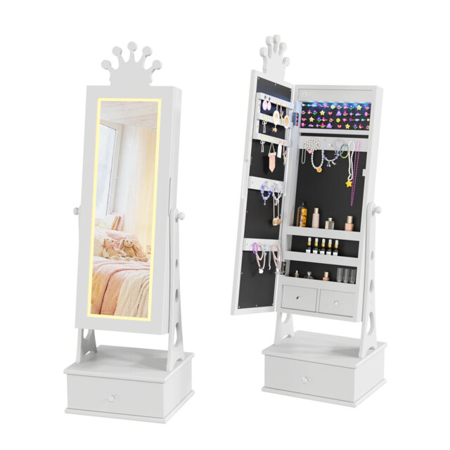 Jewelry Armoire, Standing Jewelry Organizer with Full-Length Mirror, 3 Storage Drawer, Kids Vanity Dress Up Mirror Jewelry Cabinet for Girls