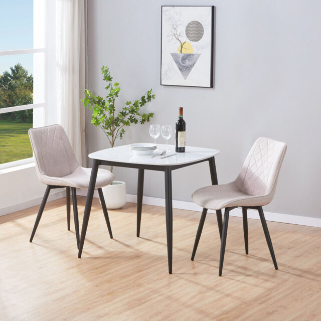 Aspen Sintered Stone Square Table with 2 Diamond Stitch Upholstered Fabric Chairs - Modern Dining Set