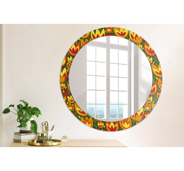 Huldar Round Glass Framed Wall Mounted Accent Mirror in Yellow/Orange/Green