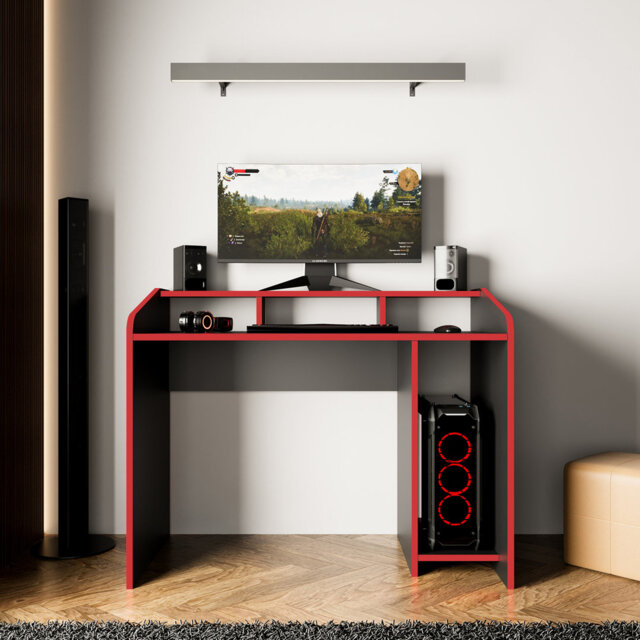 Bimossa Nova 117 cm PC Gaming Desk 117cm with Monitor Shelf, Modern Computer Desk for PC, Gaming & Home Office, Wooden Gaming Desk Table with Storage