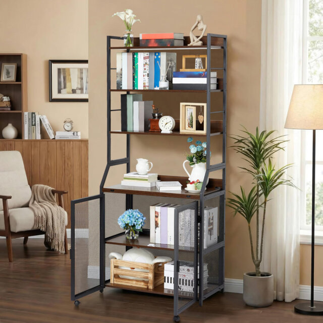"2-in-1 Bookshelf Desk with Storage Shelves, Industrial Metal & Particle Board Study Desk with Bookcase, 70"" Tall Floor Standing Office Desk for Home O"