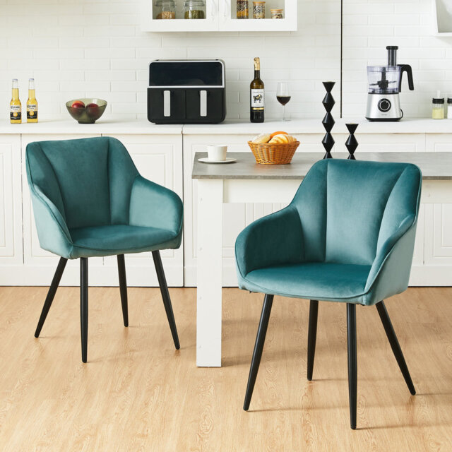Dining Room Chairs Set Of 2, Velvet Kitchen Chairs Upholstered Chair Armrest Chair, Metal Legs,Blue