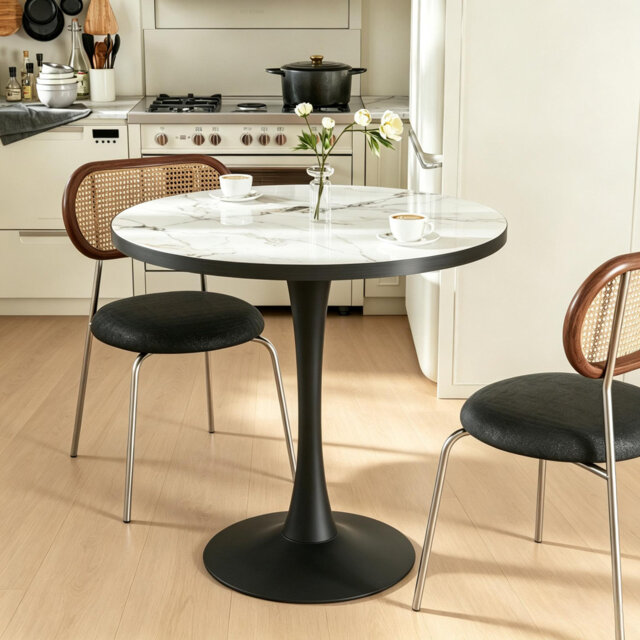 Round Marble Dining Table Mid-century Table With Metal Pedestal Base, Modern Leisure Table For Small Space Kitchen Dining Room, Easy Assembly, Waterpr