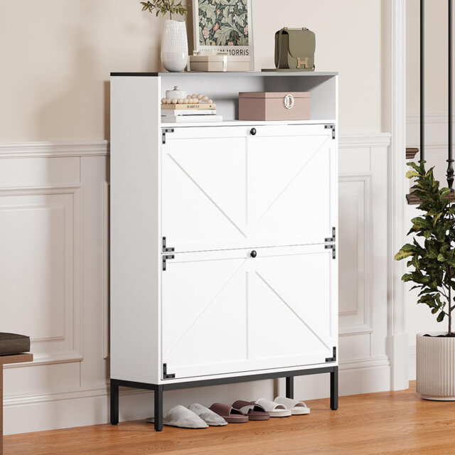 Shoe Cabinet With 2 Flip Drawer, Narrow Shoe Storage Cabinet,white Freestanding Slim Storage Organiser,space-saving Hidden Furniture Unit For Entryway