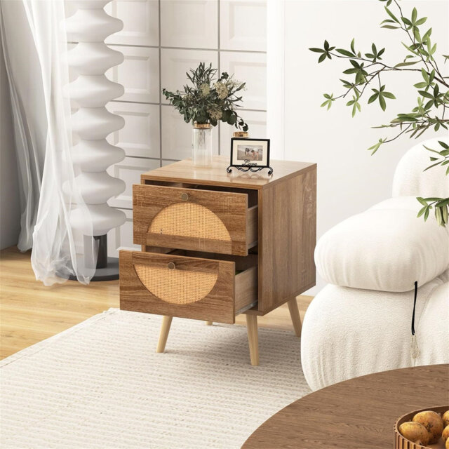 Rattan Bedside Tables Set Of 2, Wooden Nightstand Sofa Side Table With 2 Storage Drawers