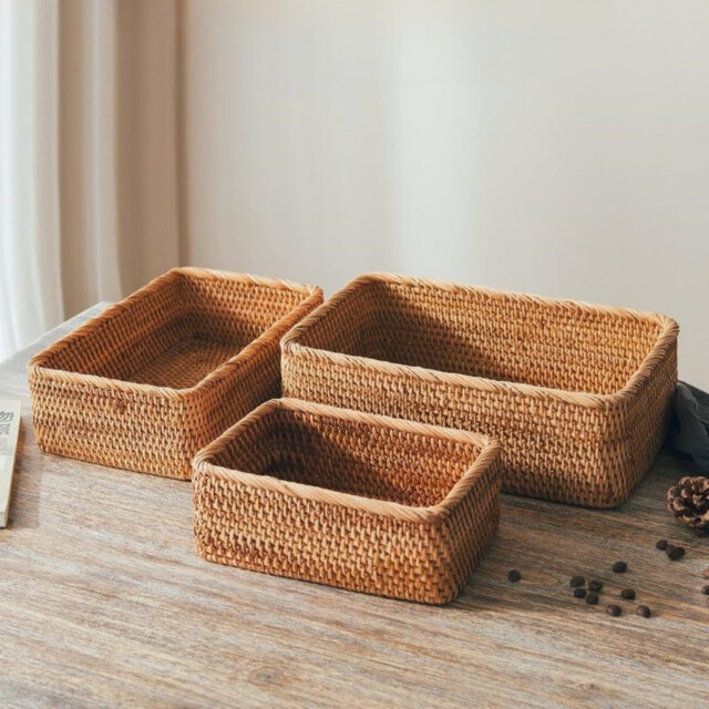 Rattan Storage Baskets Wicker Baskets for Organizing, Hand Woven Decorative Box Set of 3