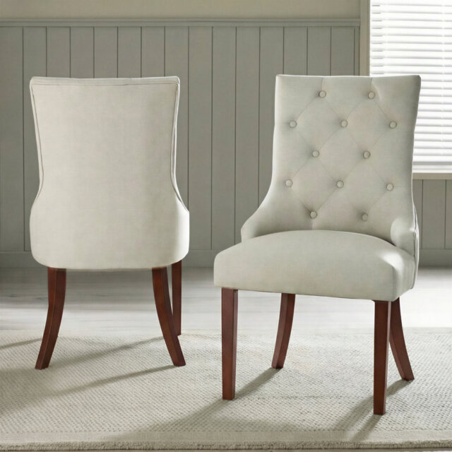 Eubanks Beige Linen Fabric Dining Chairs Effect Legs - Luxury Modern Chesterfield Style