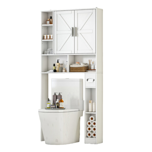 Tall Over-The-Toilet Storage Cabinet with Doors, Adjustable Shelves & Integrated Toilet Paper Holder - An Ultra-Space-Efficient Bathroom Organizer Ide