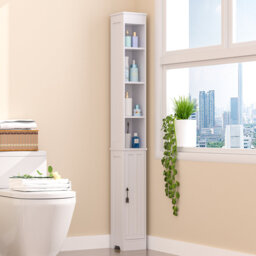 Bathroom Tall Cabinet With Adjustable Shelves, Narrow Storage Cabinet With Toilet Paper Scroll For Bathroom, Freestanding Bathroom Storage Cabinet wit