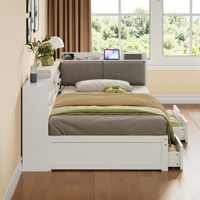 White Wood Single Daybed, 1 Piece Set, with Storage Drawers, with USB Charging, with Headboard Storage