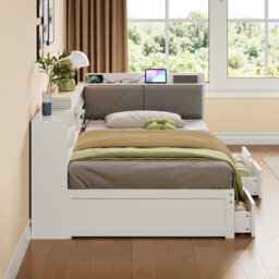 White Wood Single Daybed, 1 Piece Set, with Storage Drawers, with USB Charging, with Headboard Storage