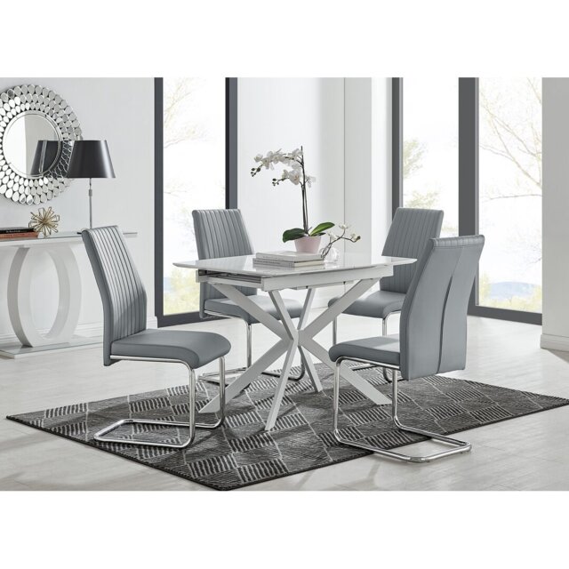 Eubanks Modern High Gloss Extendable Dining Table Set with x4 Luxury Faux Leather Dining Chairs