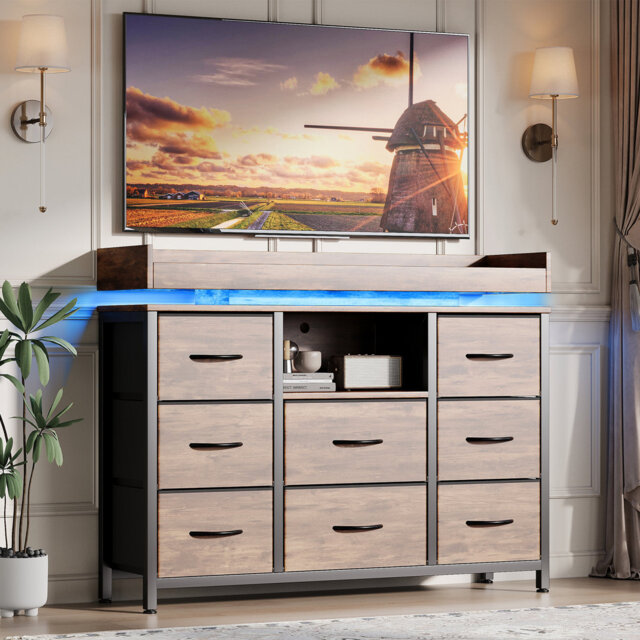 Fabric Chest Of Drawers Bedroom, 8 Drawers Dresser Cabinet With Metal Frame, Wide Dresser LED TV Stand With Power Outlets For Bedrooms, Living Rooms,
