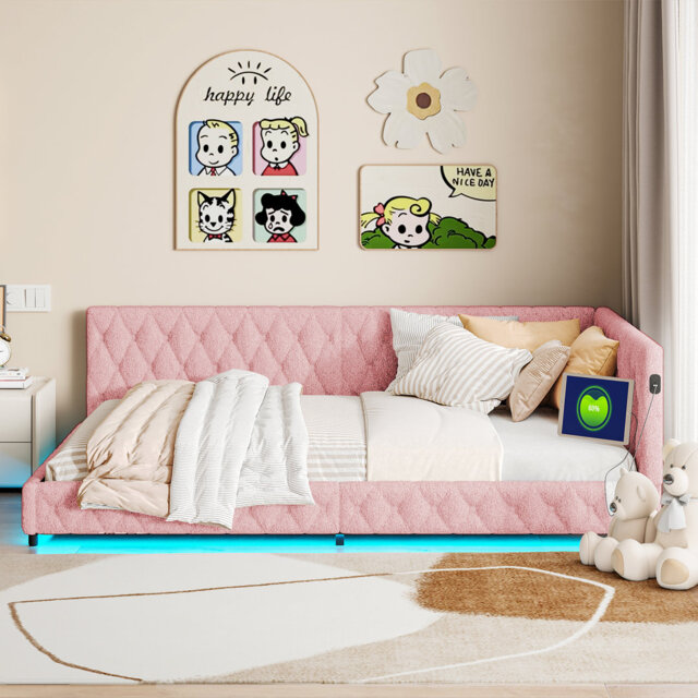 Teddy Fabric Upholstered Daybed With LED, USB & Type-C Charging Ports