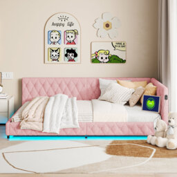 Desoto Teddy Fabric Upholstered Daybed With LED, USB & Type-C Charging Ports