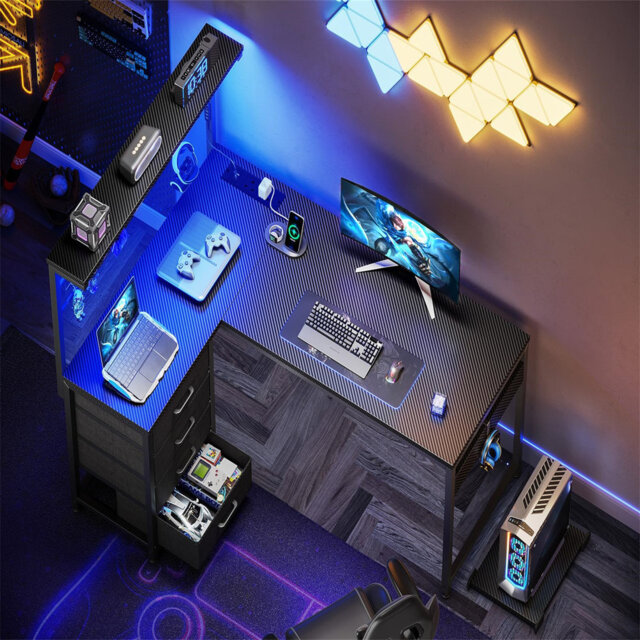 L Shaped Gaming Desk with Drawers & Shelf