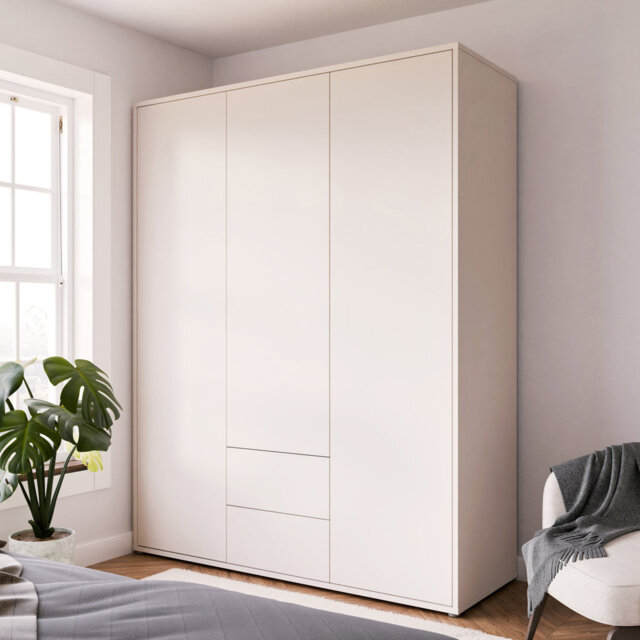 Rydar Modern minimalistic wardrobe with 3 doors and 2 drawers, push-to-open, engineered wood, beige, 169.2 cm W x 214.3 cm H x 60 cm D