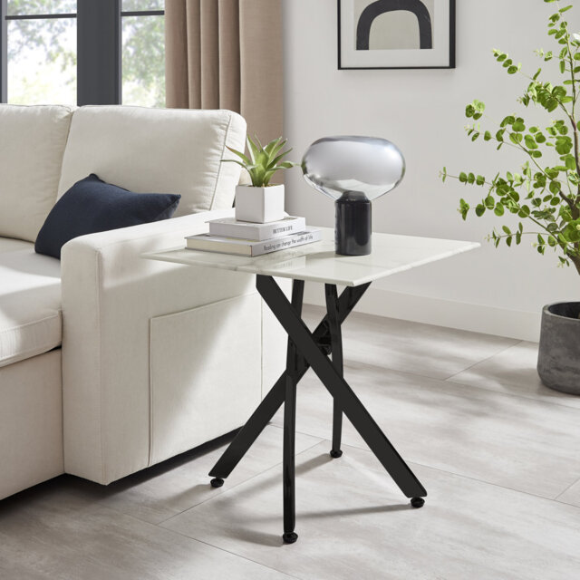 Atal Marble Effect Sofa Side Table - Glass Topped Metal Leg Small Table