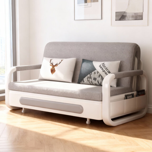 Space Saving Sofa Bed with Under-Seat Storage, 2-Size Convertible Sleeper with Latex Mattress for Flats & Living Rooms, Grey & White（128CM）Metal Frame