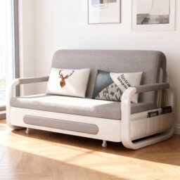 Space Saving Sofa Bed with Under-Seat Storage, 2-Size Convertible Sleeper with Latex Mattress for Flats & Living Rooms, Grey & White（128CM）Metal Frame