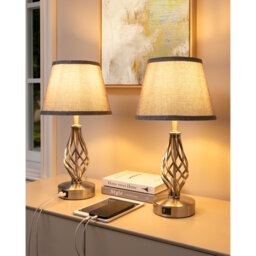 46CM Metal USB Table Lamp with Grey Linen Shade