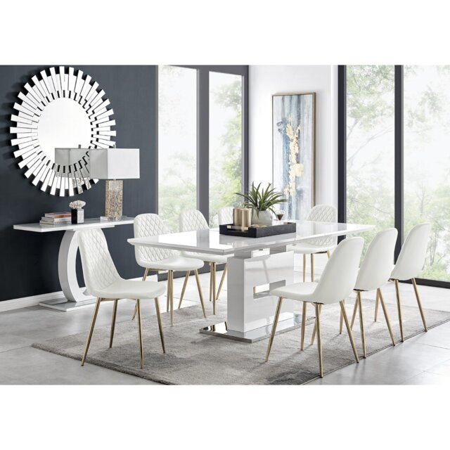 Alezzo Modern High Gloss Extendable Dining Table Set with 8 Luxury Faux Leather Dining Chairs