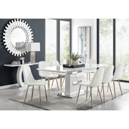 Alezzo Modern High Gloss Extendable Dining Table Set with 8 Luxury Faux Leather Dining Chairs