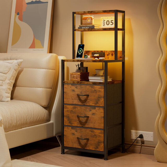 Bedside Table With 3 Drawers And Charging Station, Small Nightstand For Bedroom, Chest Of Drawers Bedroom, Storage Drawers For Living Room, Hallway