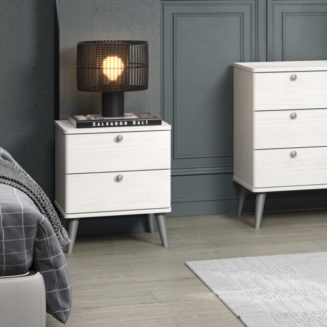 Set of 2 Augusta Curve 2 Drawer Bedside Cabinets, White Wax Pine, Rounded Edges