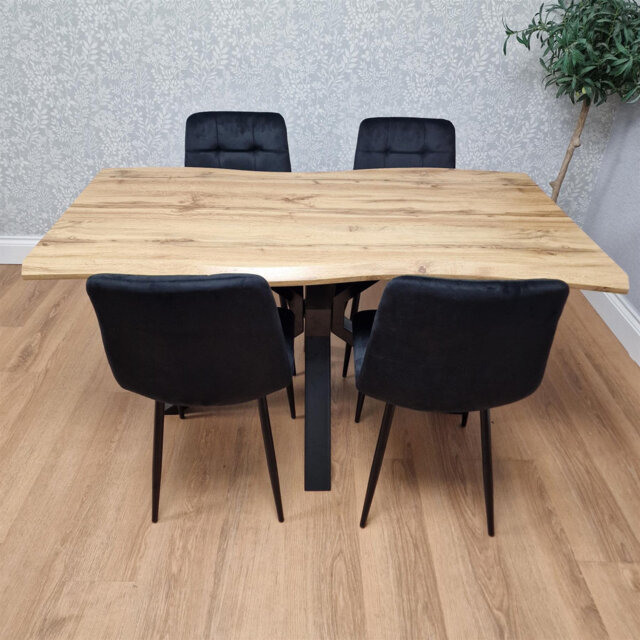 Wooden Brown Dining Table with 4 Grey Velvet Chairs, Stylish Dining Room Furniture