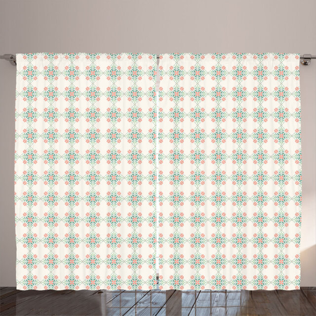 Rustic curtain, geometric floral print, floral boho, coconut pale teal coral red