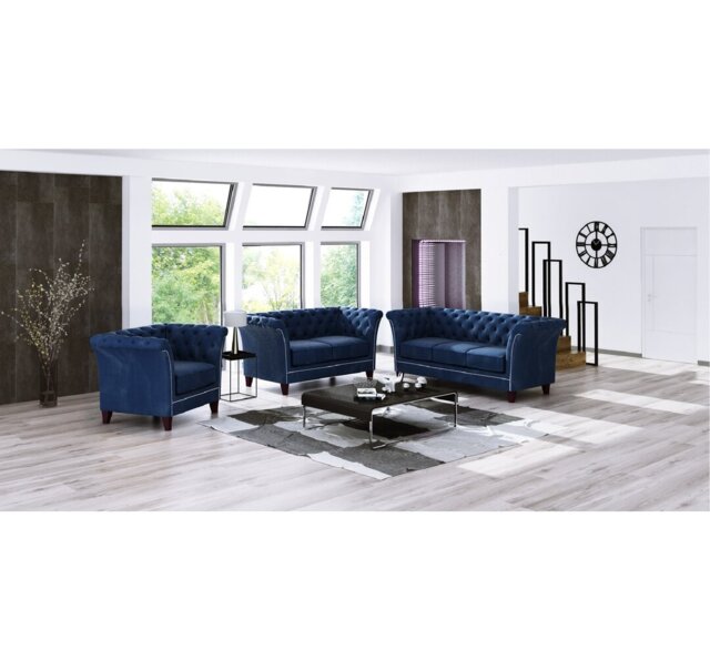 Chesterfield  Sofa Set 3+2+1 Made of Velvet Fabric with Solid Wood Legs