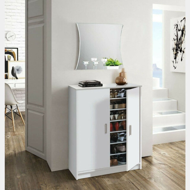 White Shoe Rack Cabinet 55cm – 2 Door Shoe Storage Organiser With 6 Shelves For 12–21 Pairs