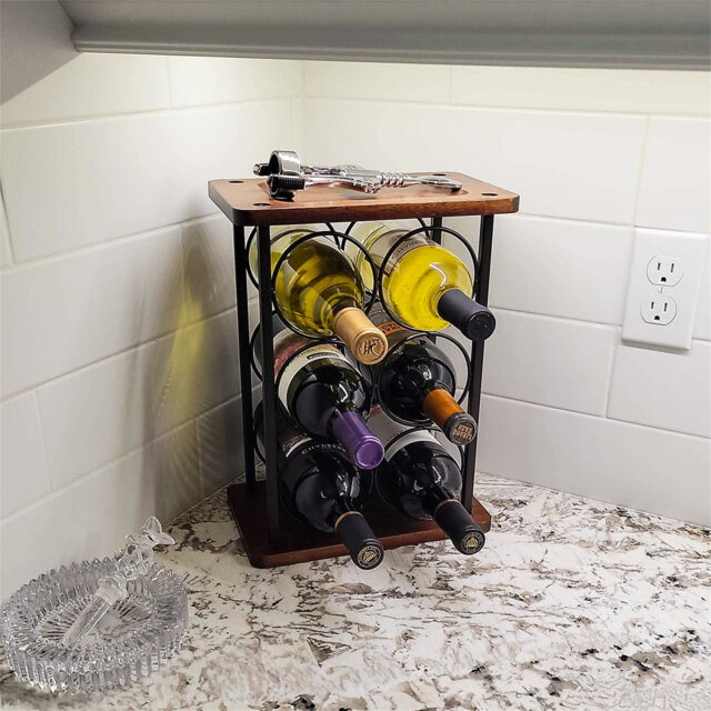 Wine Bottles Holder, 6 Bottles Wine Organizer Stand, Wine Rack Free Standing Wooden, Perfect For Home Decor & Kitchen Storage Rack, Bar, Cellar, Cabin
