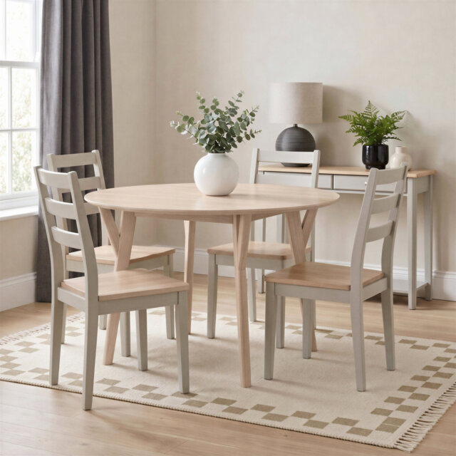 Berenike Round Solid Wood Dining Table With 4 Drea Chairs - Farmhouse Style