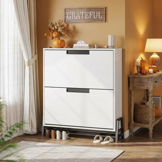 Shoe Storage Cabinet with 2 Flip Drawers, Freestanding Shoe Organizer with Metal Legs, Narrow Shoe Rack Cabinet for Entryway, Foyer, Hallway, Living R