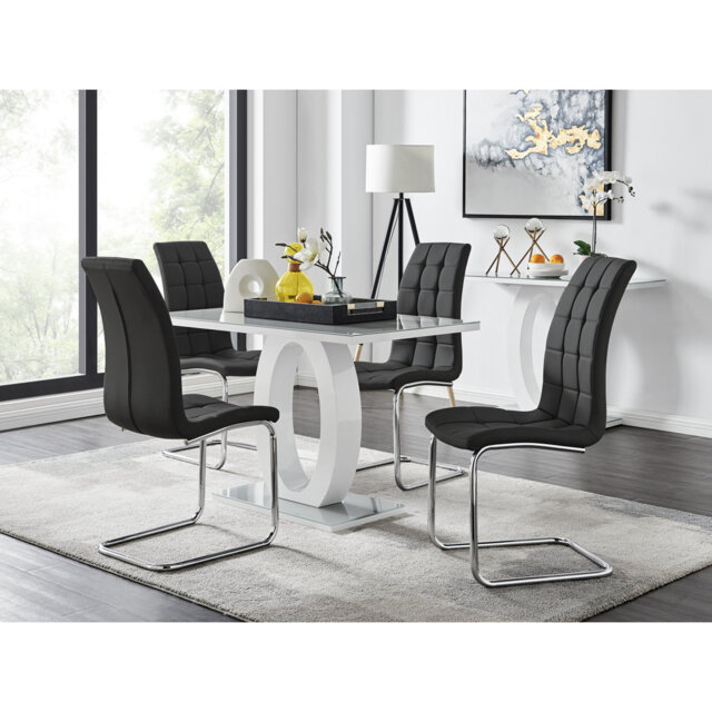 Scottsmoor Modern High Gloss & Glass Dining Table Set - 4 Upholstered Faux Leather Dining Chairs