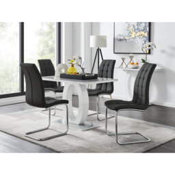 Scottsmoor Modern High Gloss & Glass Dining Table Set - 4 Upholstered Faux Leather Dining Chairs