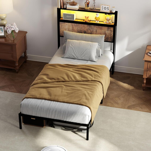 Metal Bed Frame With Headboard, Metal Platform Bed Frame With LED Lights, Under Bed Storage, Heavy Duty And Stable, No Box Spring Needed, Noise Free,