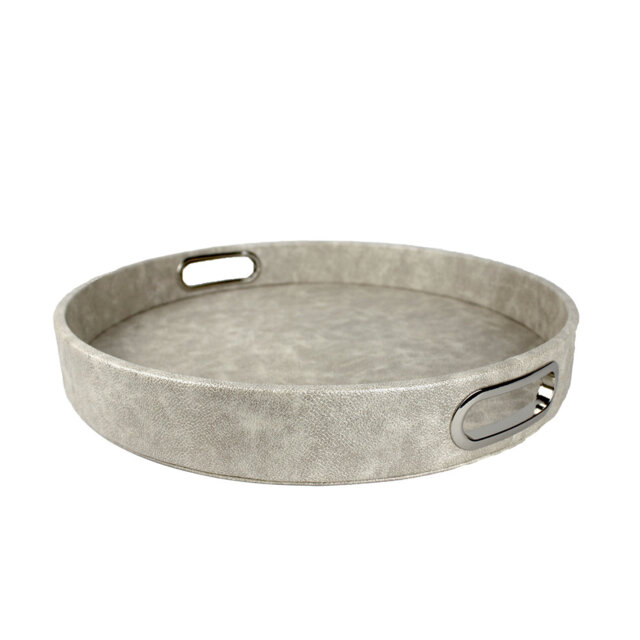 Round, beige leatherette tray with stainless steel handles