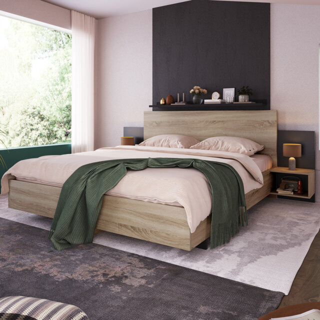Wooden Platform Bed 160 x 200 cm with 2 Integrated Nightstands